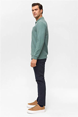 Haki Regular Armürlü Polo Yaka Sweatshirt