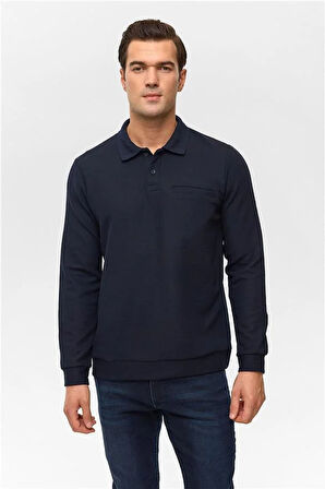 Lacivert Regular Düz Polo Yaka Sweatshirt