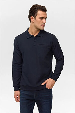 Lacivert Regular Düz Polo Yaka Sweatshirt