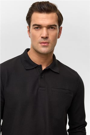 Siyah Regular Düz Polo Yaka Sweatshirt