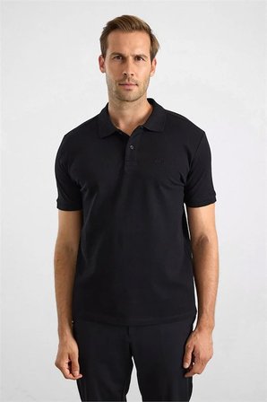 Siyah Regular Düz Baskısız Pike Düğmeli Polo Yaka Tişört