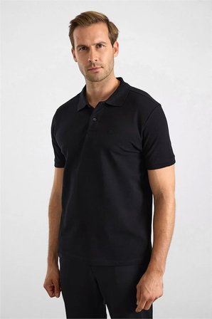 Siyah Regular Düz Baskısız Pike Düğmeli Polo Yaka Tişört