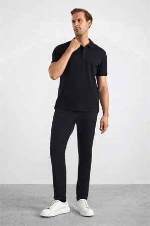 Siyah Regular Düz Baskısız Pike Düğmeli Polo Yaka Tişört