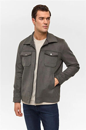 Haki Slim Düz Sivri Yaka Mont