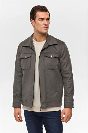 Haki Slim Düz Sivri Yaka Mont