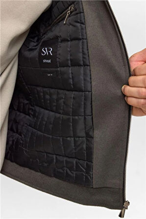 Haki Slim Düz Sivri Yaka Mont