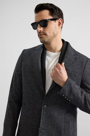 Süvari Erkek Siyah Slim Mono Yaka Cepsiz Kaban