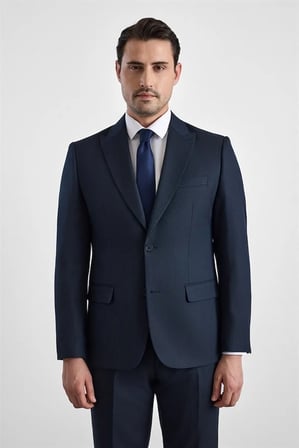 Lacivert Slim Sivri Yaka Kazayağı Armürlü Kapaklı Cep Standart 6 Drop Takım Elbise