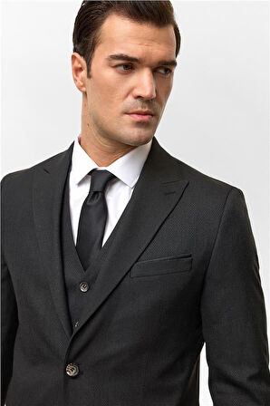 Siyah Slim Desenli Sivri Yaka 6 Drop Yelekli Takım Elbise