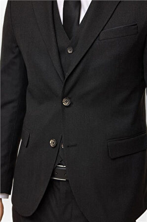 Siyah Slim Desenli Sivri Yaka 6 Drop Yelekli Takım Elbise