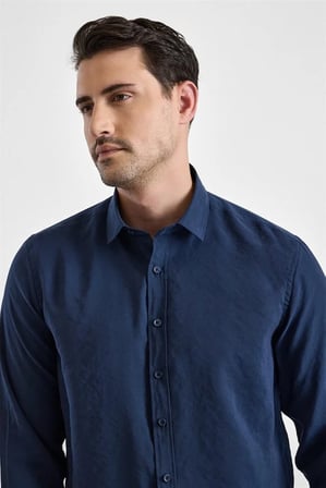 Lacivert Slim Klasik Yaka Düz Casual Gömlek