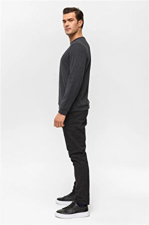 Antrasit Regular Düz Bisiklet Yaka Sweatshirt