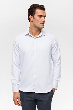 Ekru Slim Armürlü Klasik Yaka Gömlek