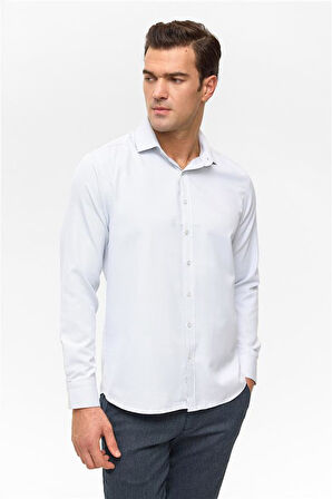 Ekru Slim Armürlü Klasik Yaka Gömlek