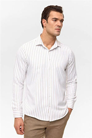 Bej Slim Çizgili Klasik Yaka Gömlek