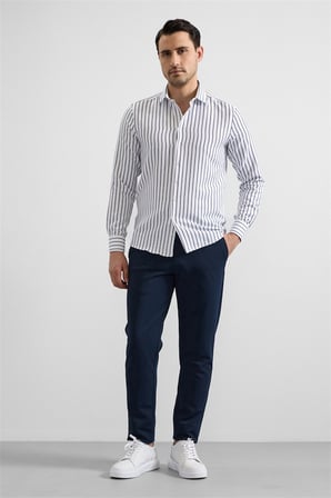 Süvari Erkek Lacivert Slim Klasik Yaka Cepsiz Casual Gömlek