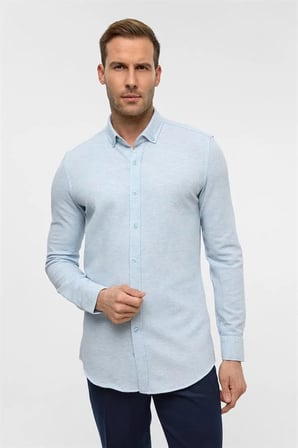 Buz Mavi Slim Düğmeli Yaka Manşetli Casual Gömlek