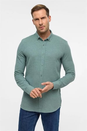 Haki Slim Düğmeli Yaka Manşetli Casual Gömlek