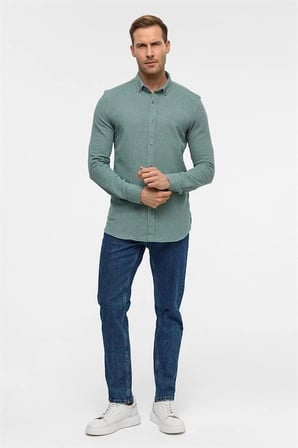 Haki Slim Düğmeli Yaka Manşetli Casual Gömlek