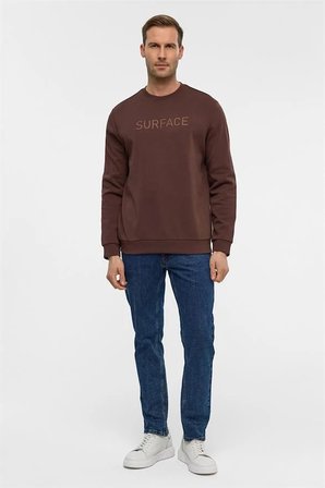 Koyu Kahve Regular Düz Bisiklet Yaka Sweatshirt