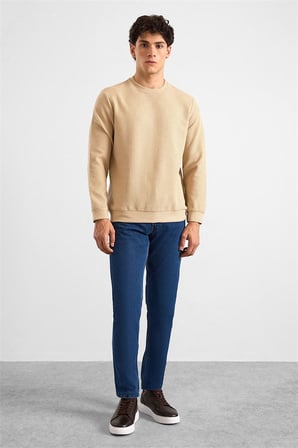 Bej Regular Melanjlı Baskısız Waffle Bisiklet Yaka Cepsiz Düz Sweatshirt