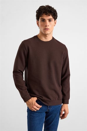Koyu Kahve Regular Melanjlı Baskısız Waffle Bisiklet Yaka Cepsiz Düz Sweatshirt