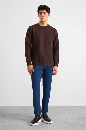 Koyu Kahve Regular Melanjlı Baskısız Waffle Bisiklet Yaka Cepsiz Düz Sweatshirt