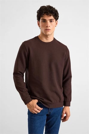 Koyu Kahve Regular Melanjlı Baskısız Waffle Bisiklet Yaka Cepsiz Düz Sweatshirt