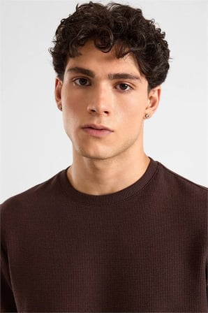 Koyu Kahve Regular Melanjlı Baskısız Waffle Bisiklet Yaka Cepsiz Düz Sweatshirt