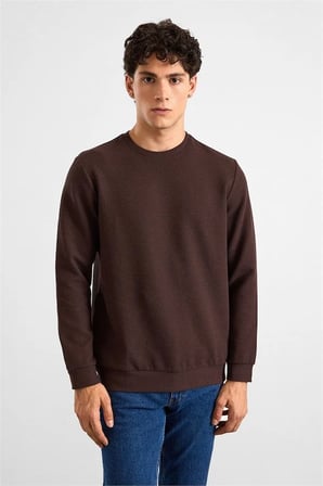 Koyu Kahve Regular Melanjlı Baskısız Waffle Bisiklet Yaka Cepsiz Düz Sweatshirt