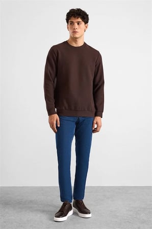 Koyu Kahve Regular Melanjlı Baskısız Waffle Bisiklet Yaka Cepsiz Düz Sweatshirt