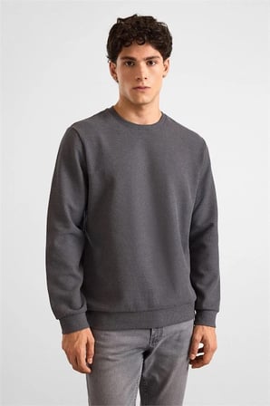 Gri Regular Melanjlı Baskısız Waffle Bisiklet Yaka Cepsiz Düz Sweatshirt