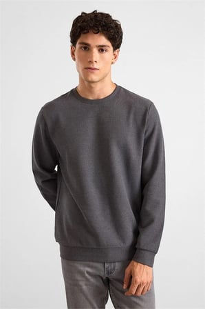 Gri Regular Melanjlı Baskısız Waffle Bisiklet Yaka Cepsiz Düz Sweatshirt