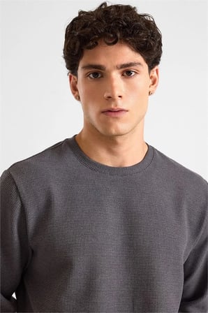 Gri Regular Melanjlı Baskısız Waffle Bisiklet Yaka Cepsiz Düz Sweatshirt