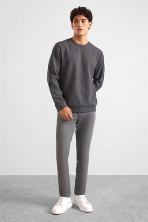 Gri Regular Melanjlı Baskısız Waffle Bisiklet Yaka Cepsiz Düz Sweatshirt