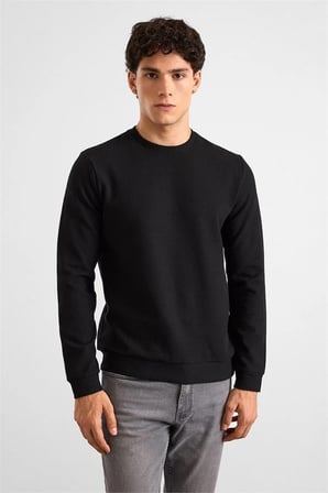 Siyah Regular Melanjlı Baskısız Waffle Bisiklet Yaka Cepsiz Düz Sweatshirt