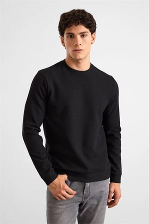 Siyah Regular Melanjlı Baskısız Waffle Bisiklet Yaka Cepsiz Düz Sweatshirt