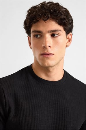 Siyah Regular Melanjlı Baskısız Waffle Bisiklet Yaka Cepsiz Düz Sweatshirt