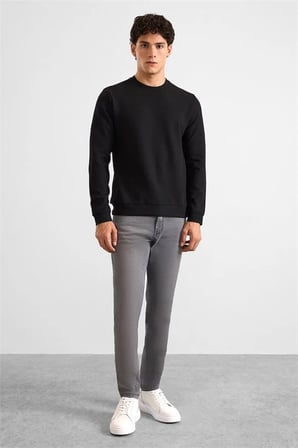 Siyah Regular Melanjlı Baskısız Waffle Bisiklet Yaka Cepsiz Düz Sweatshirt