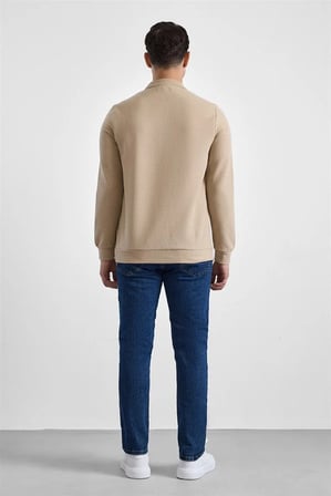 Bej Regular Düz Baskısız Selanik Düğmeli Polo Yaka Torba Cep Trikolu Standart Sweatshirt