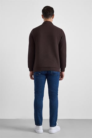 Koyu Kahve Regular Düz Baskısız Selanik Düğmeli Polo Yaka Torba Cep Trikolu Standart Sweatshirt