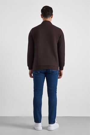 Koyu Kahve Regular Düz Baskısız Selanik Düğmeli Polo Yaka Torba Cep Trikolu Standart Sweatshirt