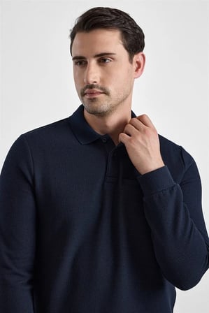 Lacivert Regular Düz Baskısız Selanik Düğmeli Polo Yaka Torba Cep Trikolu Standart Sweatshirt