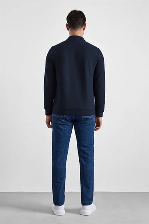 Lacivert Regular Düz Baskısız Selanik Düğmeli Polo Yaka Torba Cep Trikolu Standart Sweatshirt