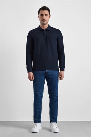 Lacivert Regular Düz Baskısız Selanik Düğmeli Polo Yaka Torba Cep Trikolu Standart Sweatshirt