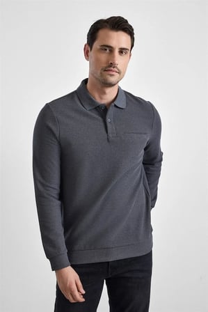 Gri Regular Düz Baskısız Selanik Düğmeli Polo Yaka Torba Cep Trikolu Standart Sweatshirt