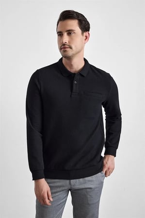 Siyah Regular Düz Baskısız Selanik Düğmeli Polo Yaka Torba Cep Trikolu Standart Sweatshirt