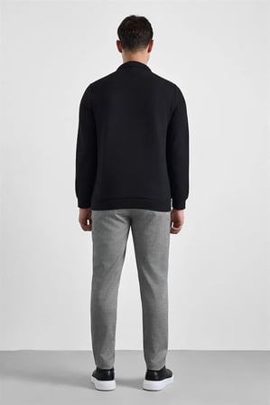 Siyah Regular Düz Baskısız Selanik Düğmeli Polo Yaka Torba Cep Trikolu Standart Sweatshirt