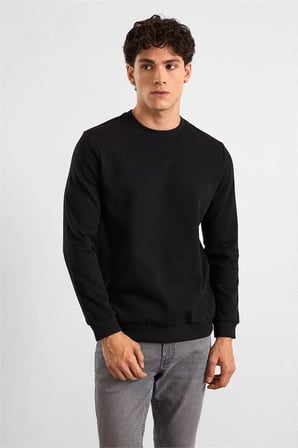 Siyah Regular Düz Baskısız 2 İplik Bisiklet Yaka Cepsiz Ribanalı Sweatshirt