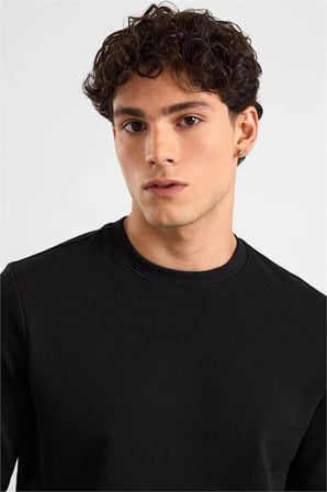 Siyah Regular Düz Baskısız 2 İplik Bisiklet Yaka Cepsiz Ribanalı Sweatshirt